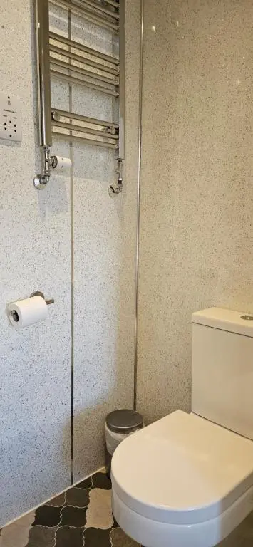 a bathroom with a toilet and a glass shower at Armadale Guest House in Inverness