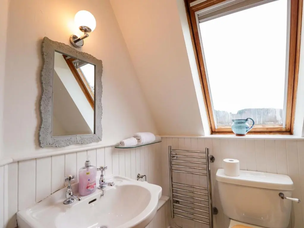 a bathroom with a sink and a toilet and a window at Inshcraig in Kincraig
