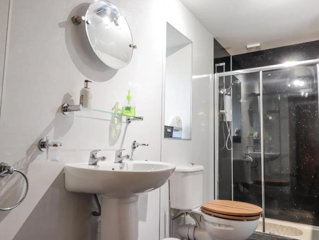 a bathroom with a sink and a toilet and a mirror at The Croft House in Muir of Ord