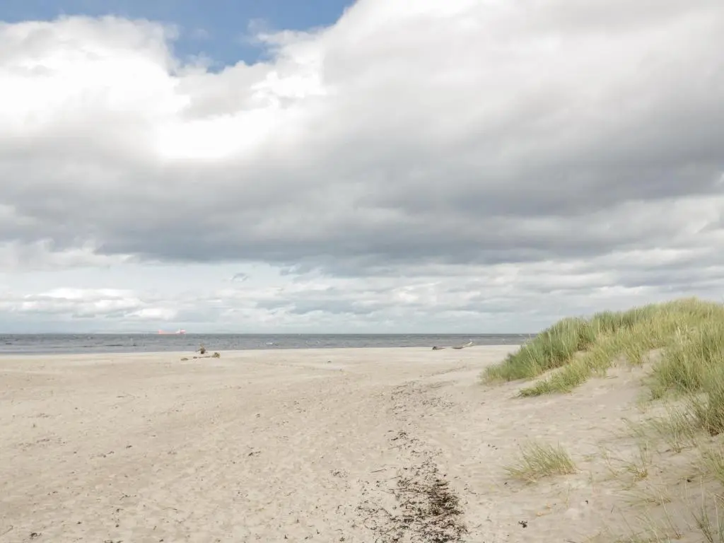 a beach with people laying on the sand at Deskford Cottage in Balblair