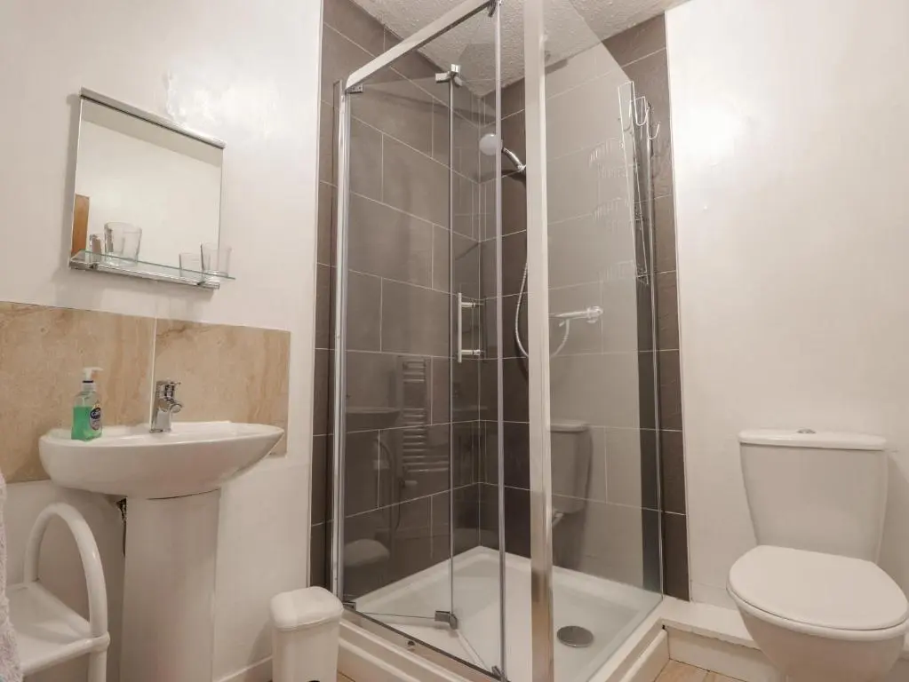 a bathroom with a shower and a toilet and a sink at Alt na Voir in Tomintoul