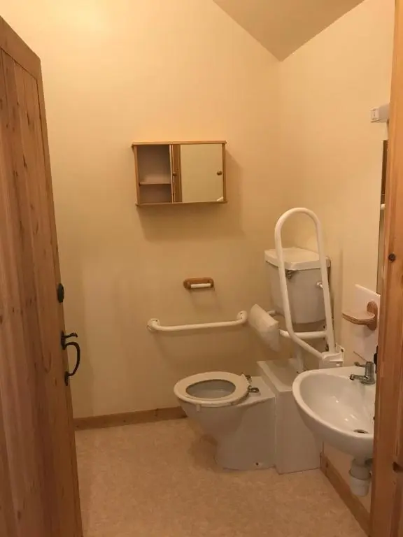 a bathroom with a toilet and a sink at Parkmore Holiday Cottages in Dufftown
