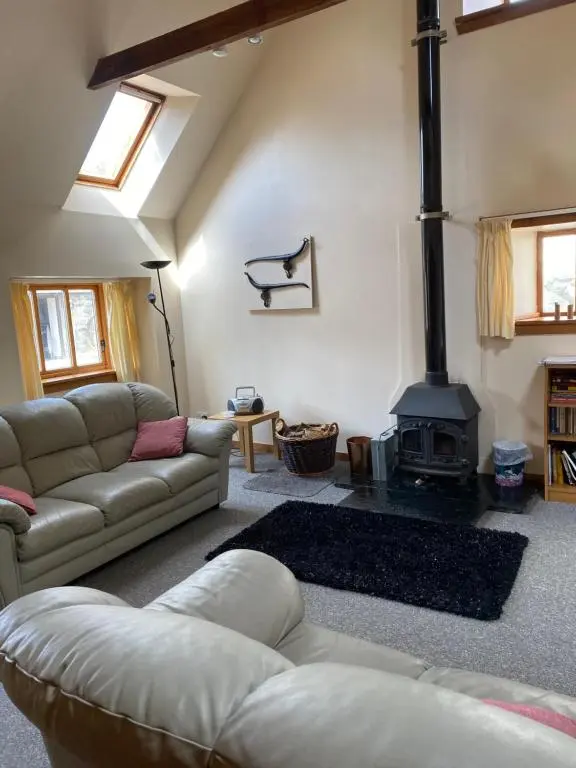 a living room with a couch and a fireplace at Parkmore Holiday Cottages in Dufftown