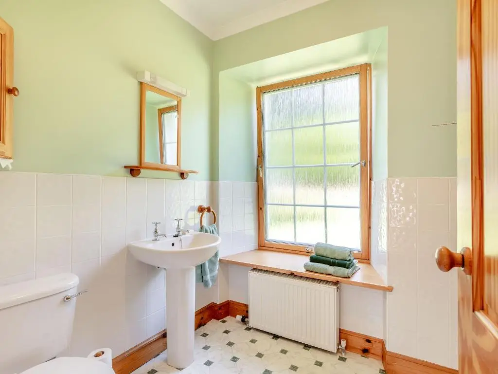 a bathroom with a sink and a toilet and a window at The Old Laundry in Grantown on Spey