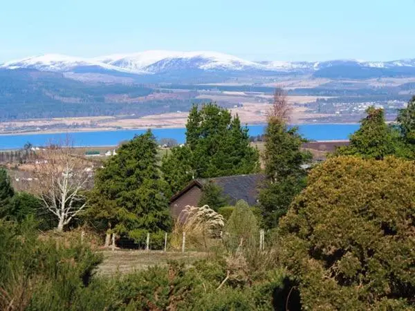 a house sitting on top of a hill with trees at Pine Lodge in Resolis