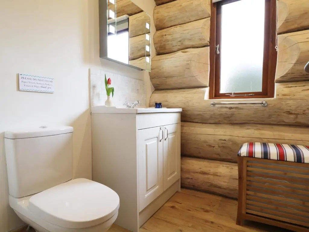 a bathroom with a toilet and a wooden wall at Moorhen Lodge in Inverness
