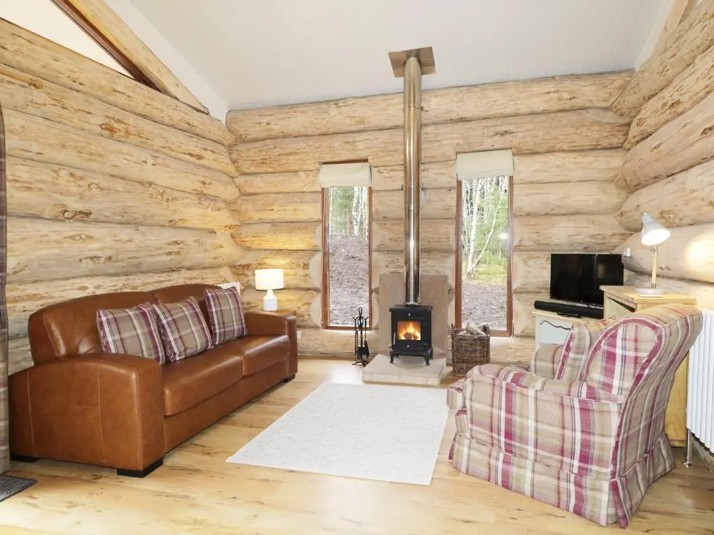a living room with a couch and a fireplace at Moorhen Lodge in Inverness