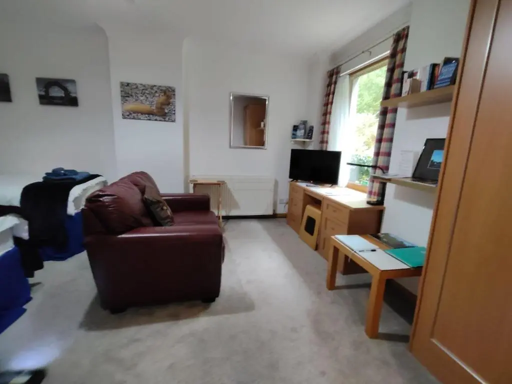 a living room with a couch and a television at Lann Dearg Studios in Invermoriston