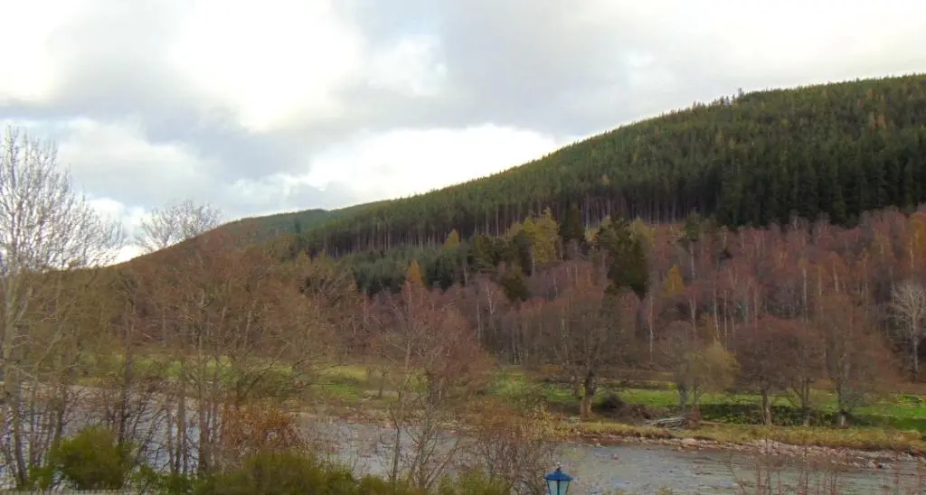 a view of a mountain with a river and trees at Montclaire in Ballater