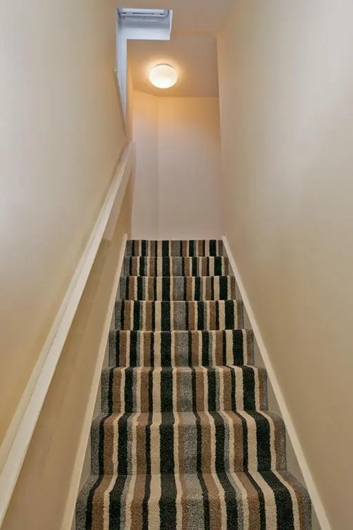 an empty stairway with a carpet on the stairs at 37A Commerce Street in Lossiemouth