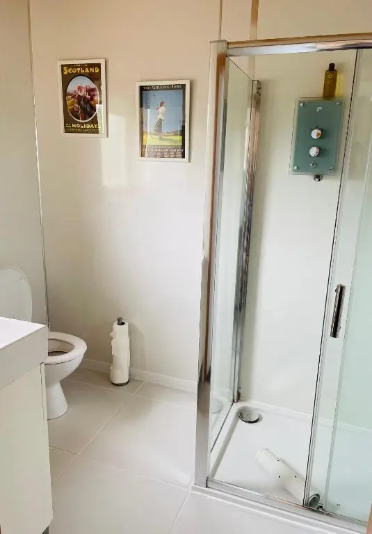 a bathroom with a shower and a toilet at The Stroops in Helmsdale