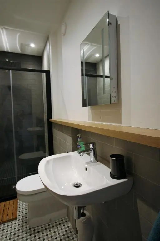 a bathroom with a sink and a toilet and a mirror at Dryburgh Apartment No3 in Inverness