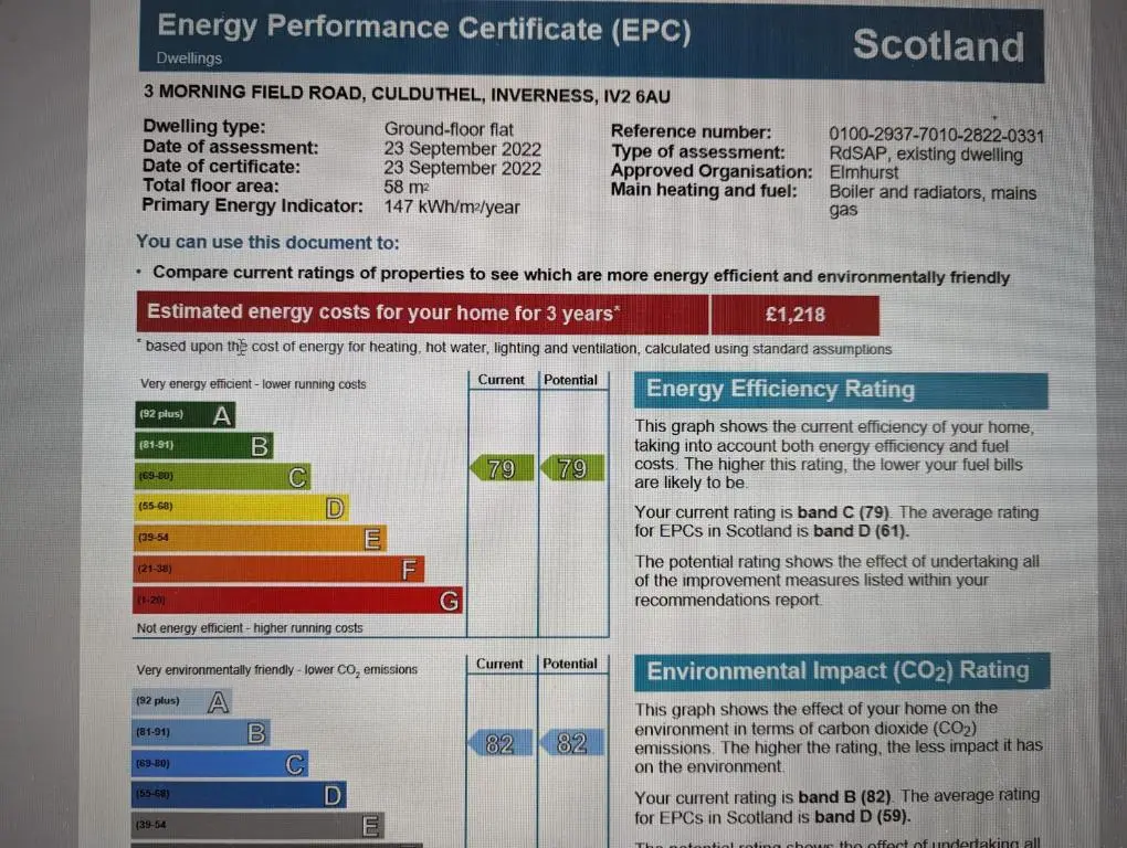 a screenshot of the energy performance certificate on a computer screen at Morning Field Apartment Free Parking in Inverness