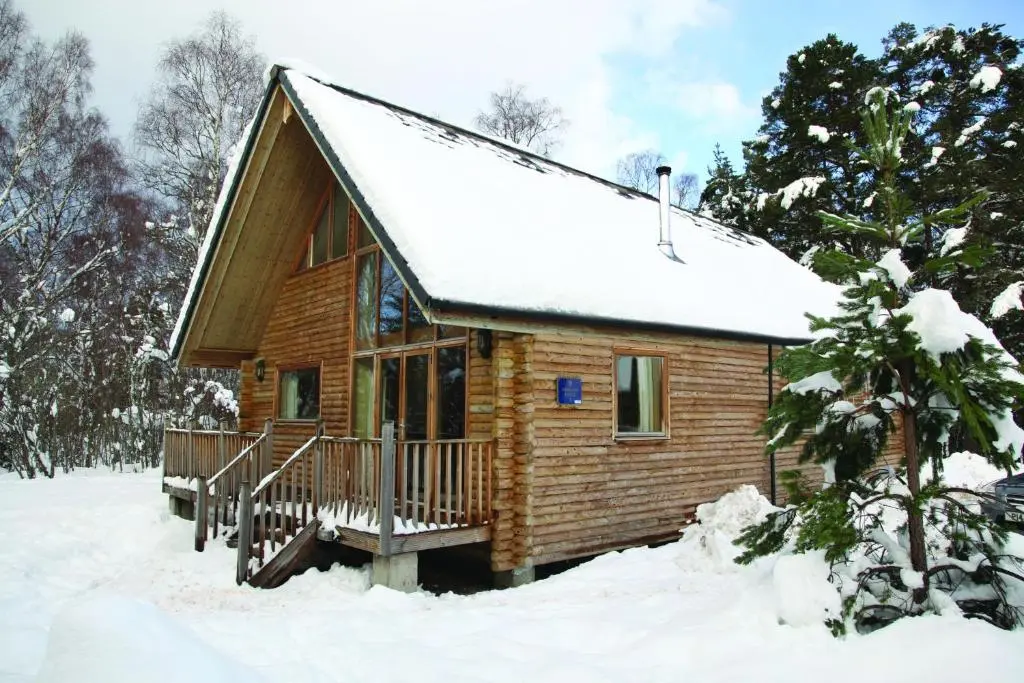 a log cabin in the snow with snow at Macdonald Woodland Lodges at Macdonald Aviemore Resort in Aviemore