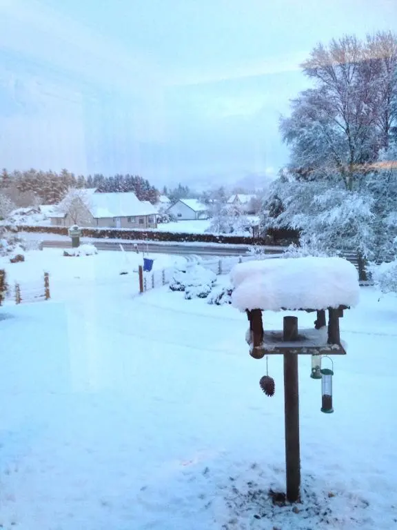 a bird feeder covered in snow in a yard at Carn A Chuilinn House in Fort Augustus