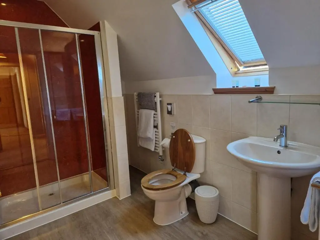 a bathroom with a toilet and a sink and a shower at Croft 17 in Ullapool
