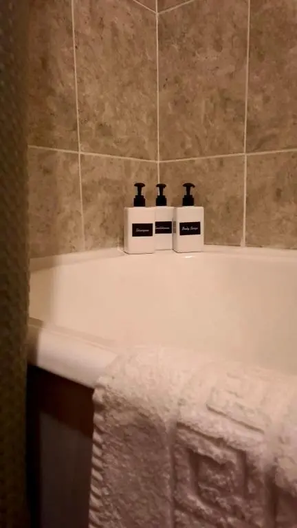 a bathroom with three bottles of soap on a sink at Cozy Central Apartment in Inverness