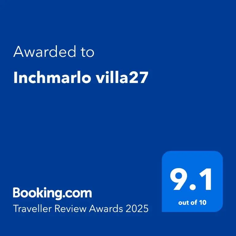 a blue text box with the words awarded to imamanda villa at Inchmarlo villa27 in Banchory