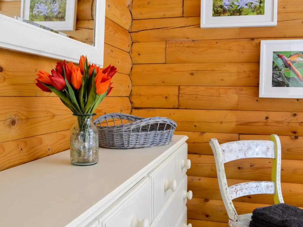 a vase of flowers on a dresser in a room at Glen Hideaway in Balnald