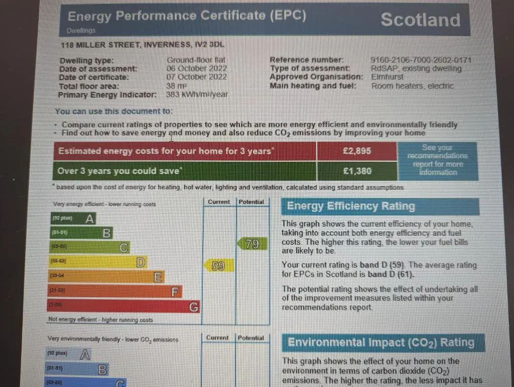 a screenshot of the energy performance certificate efg on a computer screen at One-Bedroom Apartment - Wyvis Free Parking in Inverness