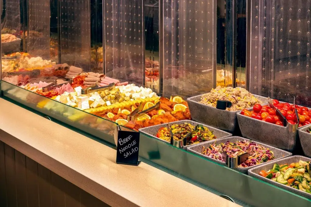 a buffet with many different types of food on display at Coylumbridge Resort Hotel in Aviemore