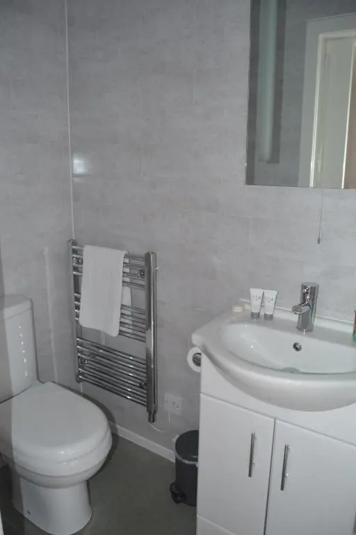a white bathroom with a toilet and a sink at Southbank Guesthouse in Elgin