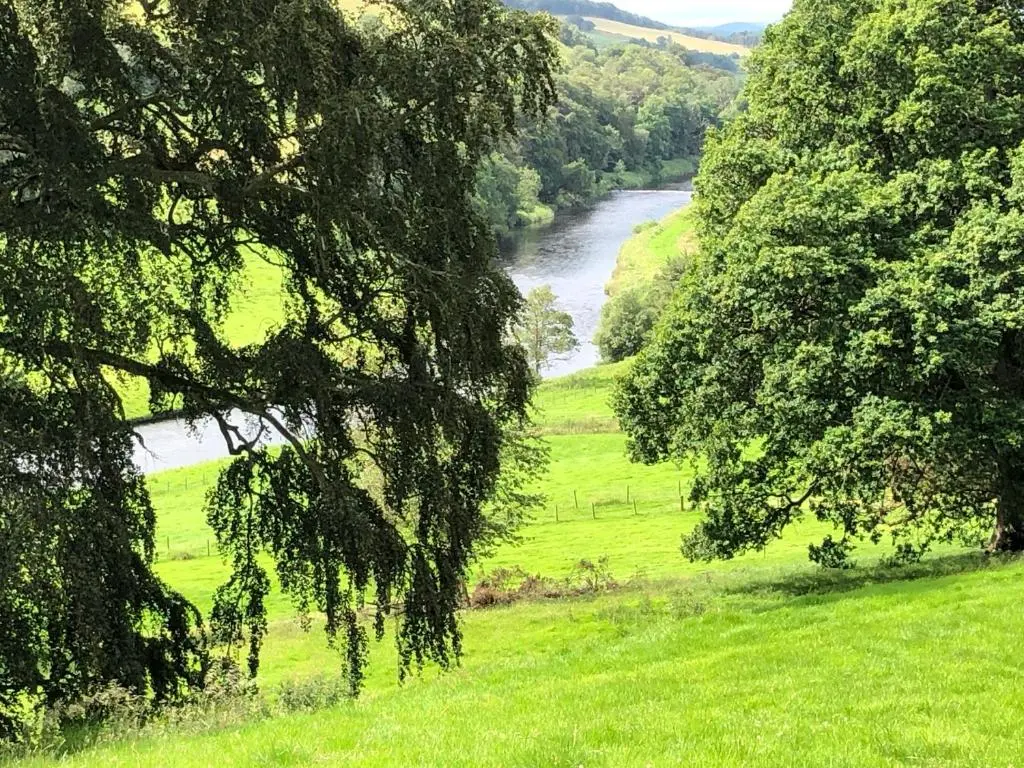 a river in the middle of a field with trees at Netherdale House & The Coach House in Turriff