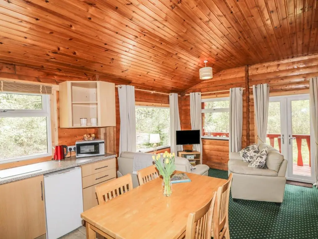 a kitchen and living room with a wooden ceiling at Otter Lodge in Strathpeffer