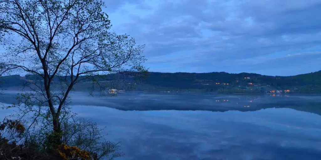 a large body of water with a tree in the middle at The Bridge Suite in Invermoriston