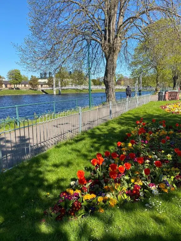 a bunch of flowers in the grass next to a fence at Easdale House Apartments in Inverness
