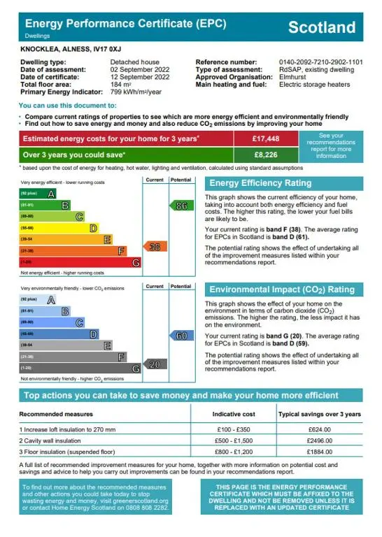 a screenshot of a document with the emergency performance certificate efeu at Knocklea in Alness