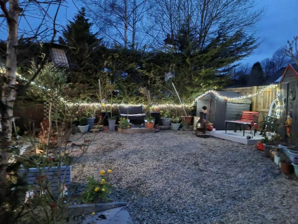 a backyard with a lot of plants and lights at Nanny's little highland hoose in Inverness