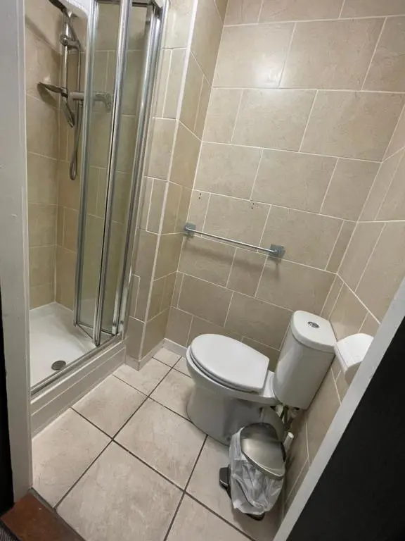 a bathroom with a toilet and a shower at The Albert Inn in Nairn