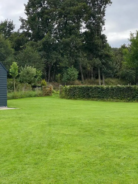 a large grassy yard with a fence and trees at Aslaich in Drumnadrochit