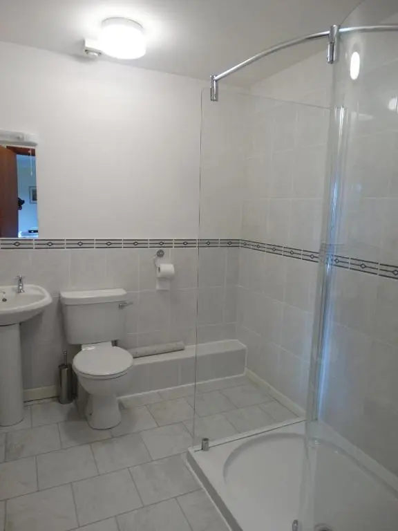 a bathroom with a shower and a toilet and a sink at Laggan Hotel in Laggan