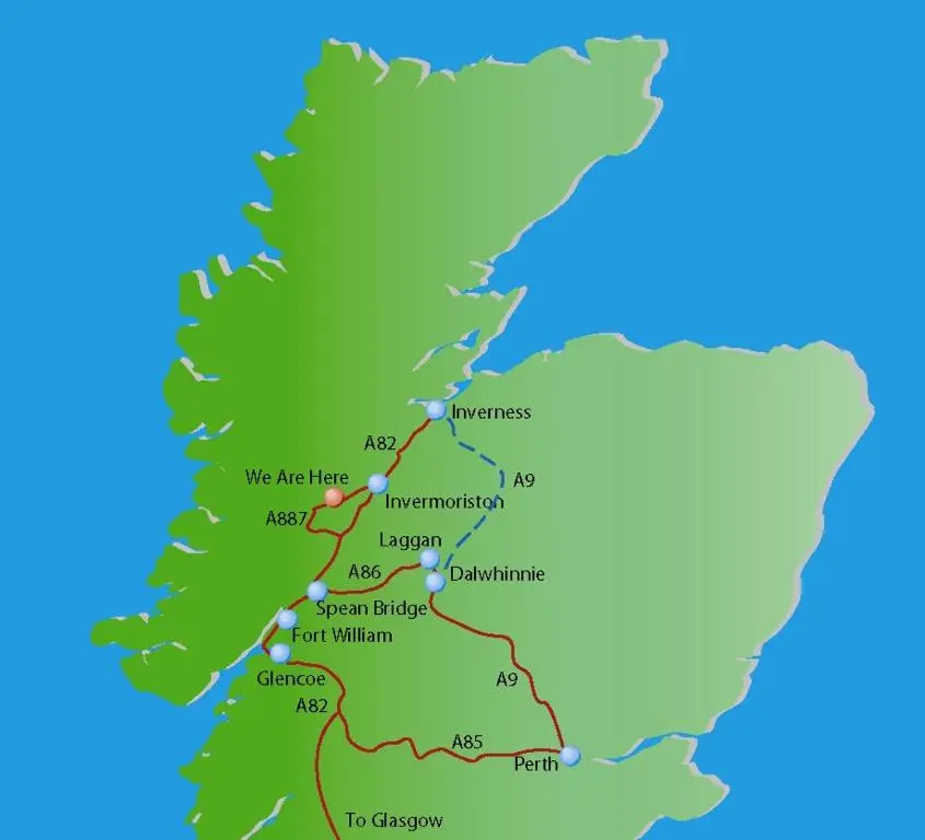 a map of ireland with cities and highways at The Garden Room Tiny House Bed and Breakfast Stay in Glenmoriston