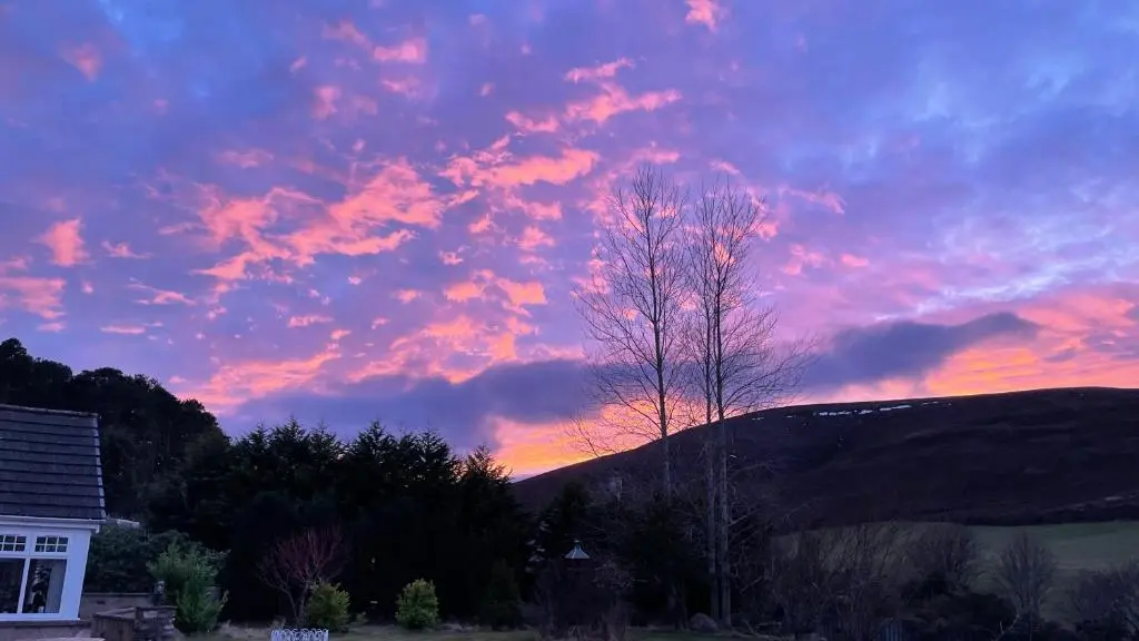 a sunset with a tree in front of a hill at The Gables Whisky B&B in Dufftown