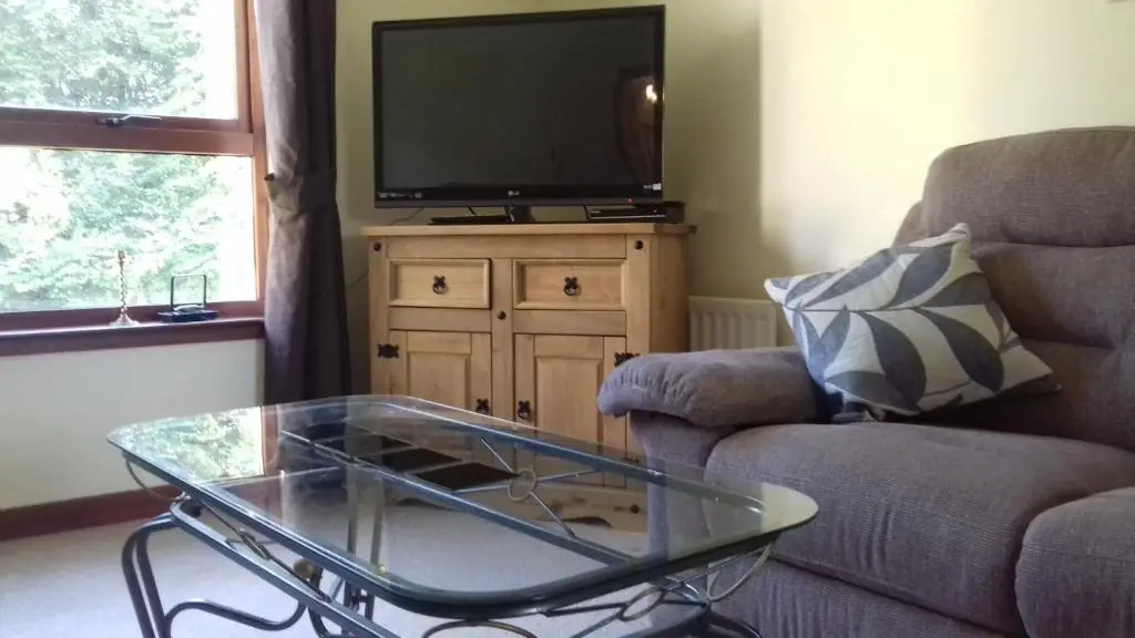 a living room with a tv and a couch and a coffee table at Culduthel Vista Apartment in Inverness