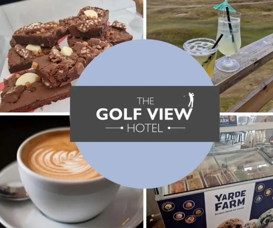 a collage of pictures of food and a cup of coffee at GOLF View Hotel & Macintosh Restaurant in Lossiemouth