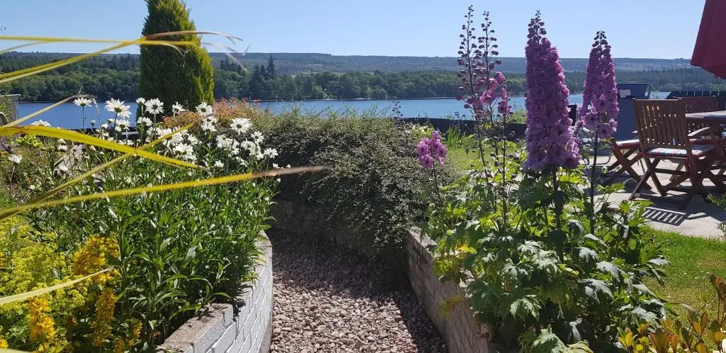 a garden with flowers and a view of a lake at Airanloch Bed & Breakfast,Loch Ness, Adult Only in Lochend