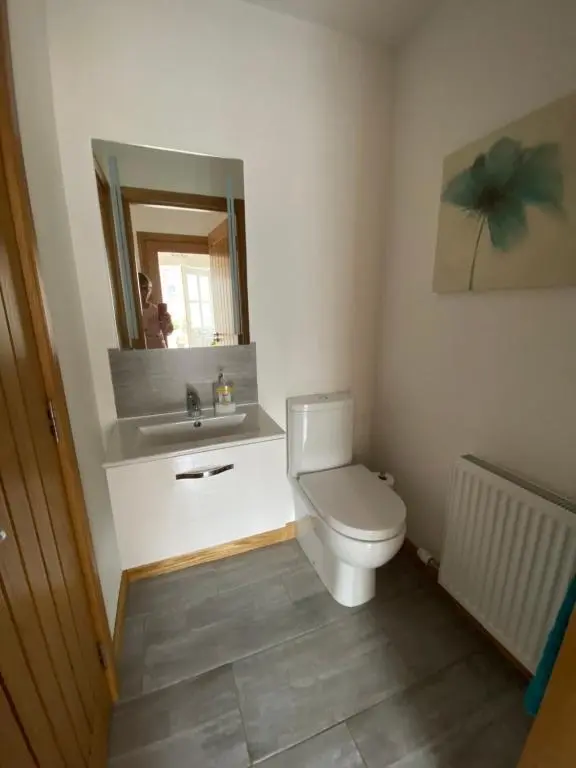 a bathroom with a toilet and a sink and a mirror at LAIRDS COTTAGE in Stuartfield