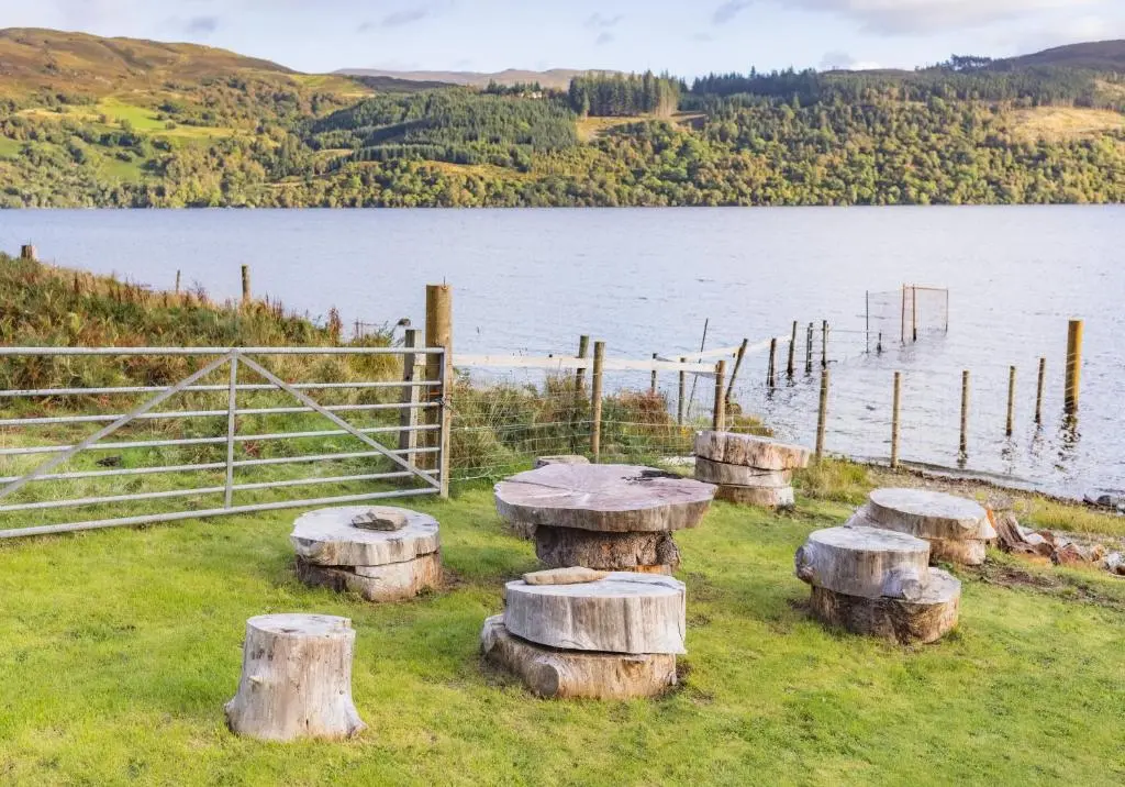a group of logs sitting next to a body of water at Loch Ness Cottage in Fort Augustus