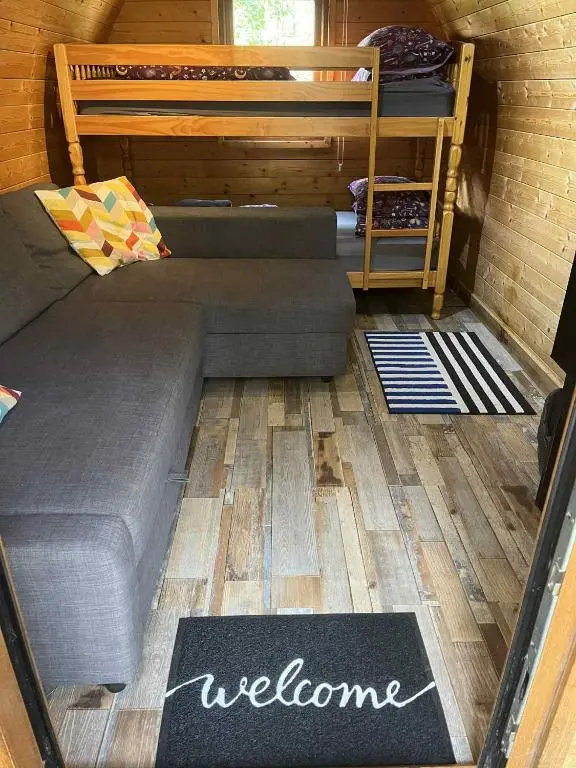 a room with a couch and a bunk bed at Pine Marten Bar Glenmore Pods in Aviemore