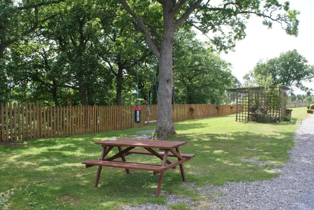 a wooden picnic table sitting next to a tree at Islay Cottage, Meadowside, Kincraig, near Kingussie in Kincraig