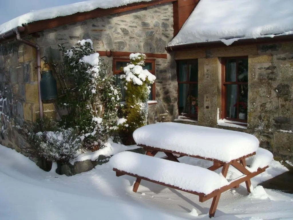 two benches covered in snow in front of a house at Islay Cottage, Meadowside, Kincraig, near Kingussie in Kincraig