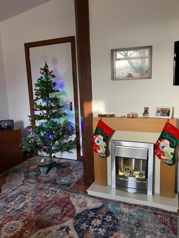 a christmas tree in a living room with a fireplace at Islay Cottage, Meadowside, Kincraig, near Kingussie in Kincraig