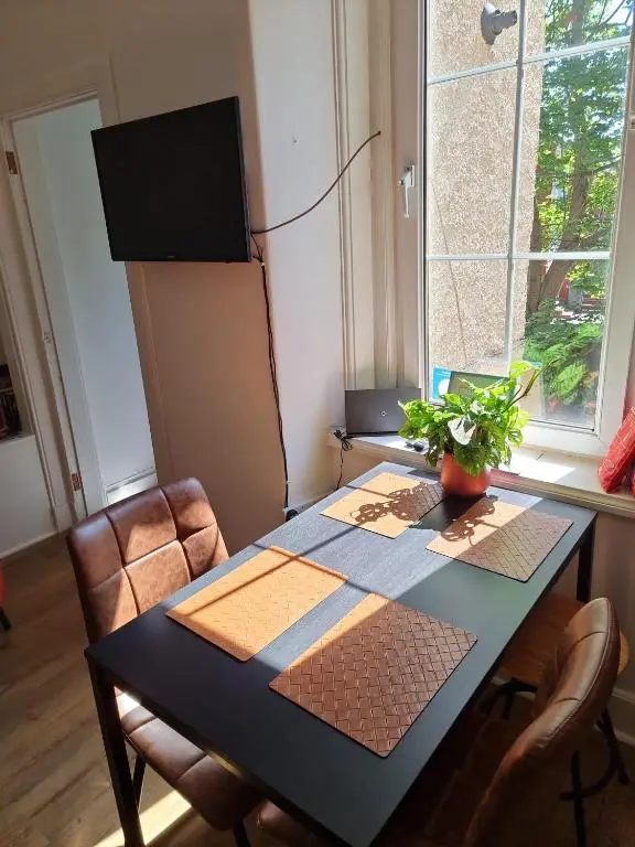 a dining room with a table with a plant on it at CHARMING VICTORIAN APARTMENT, close to centre in Inverness