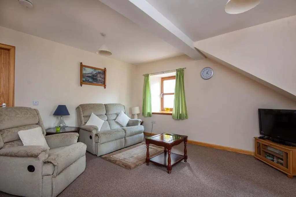 a living room with two couches and a tv at Innes Street Apartments in Inverness
