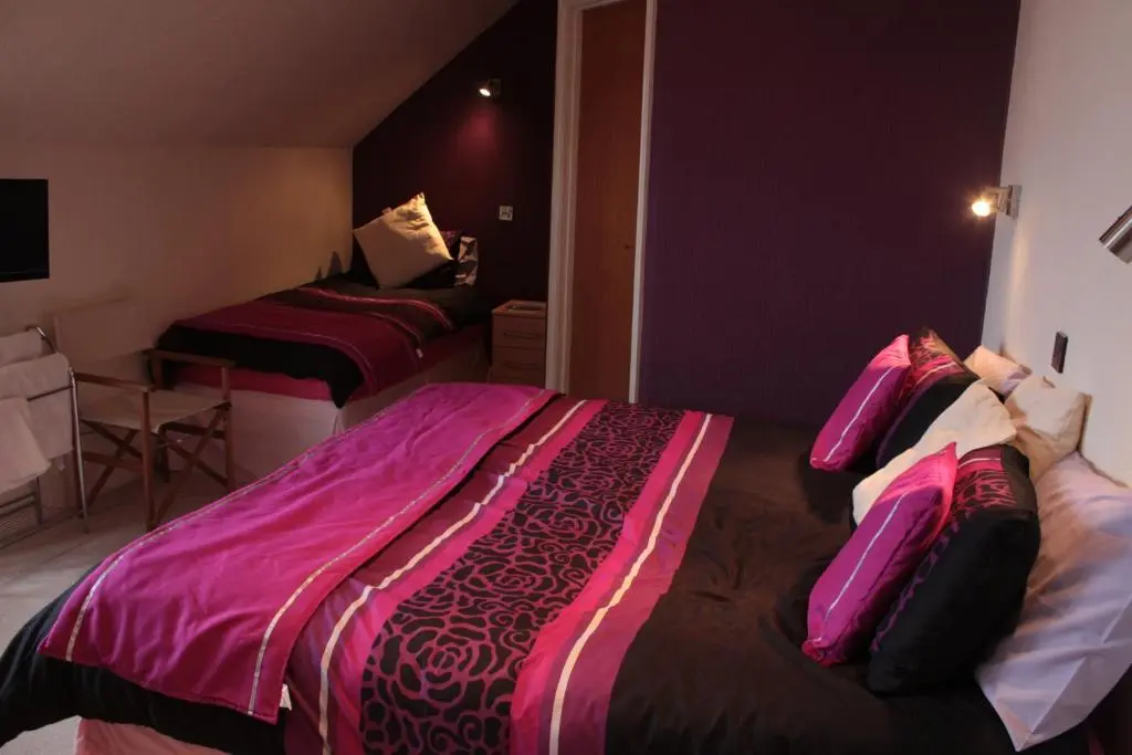 two beds in a hotel room with purple walls at Harbour House Bed & Breakfast - Wick in Wick