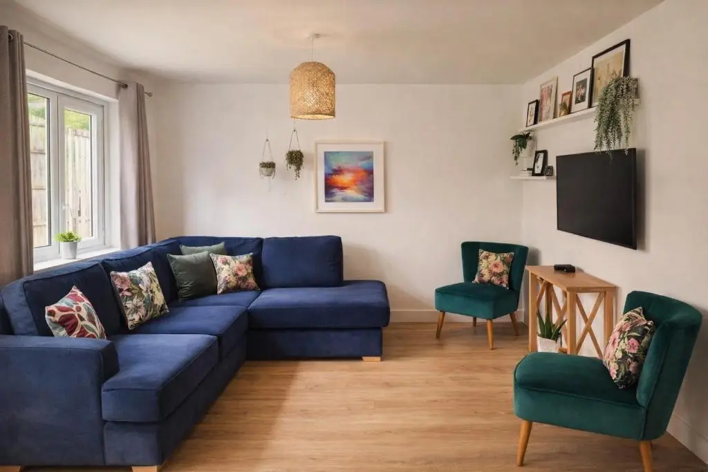 a living room with a blue couch and two chairs at Lily Bank House in Inverness